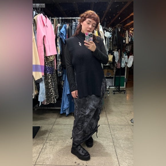 🟠 144B. Turtle Neck Side Slit Knit Pancho - Black - Picture 11 of 15